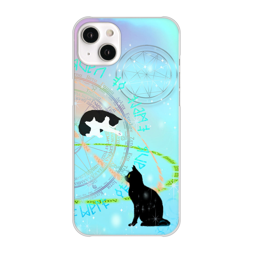 iPhone14 Plus 高画質仕上げ 背面印刷 ハードケース【YJ329 魔法陣猫 キラキラ パステル】