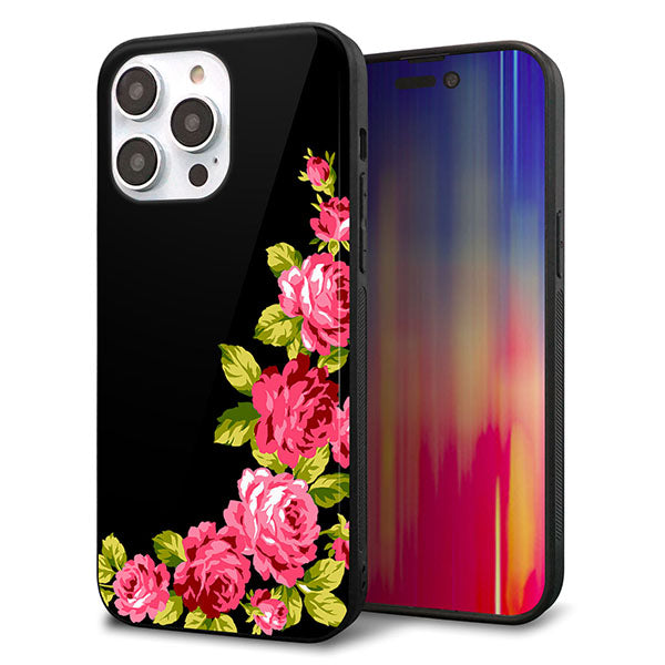iPhone14 Pro Max 強化ガラス&TPUスマホケース ガラプリ【VA826 バラのフレーム(黒)】