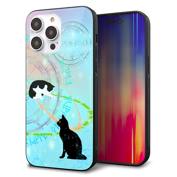iPhone14 Pro Max 強化ガラス&TPUスマホケース ガラプリ【YJ329 魔法陣猫 キラキラ パステル】