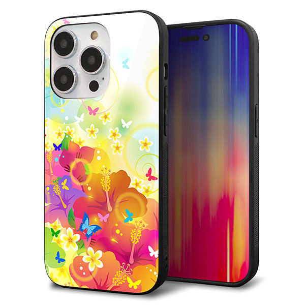 iPhone14 Pro 強化ガラス&TPUスマホケース ガラプリ【647 ハイビスカスと蝶】