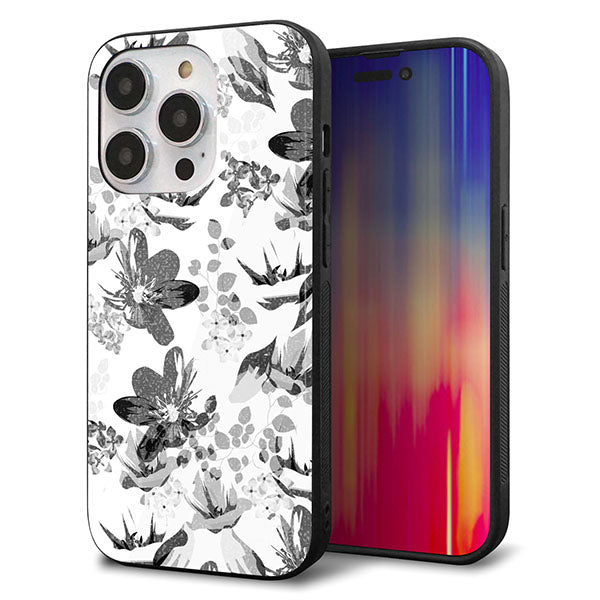 iPhone14 Pro 強化ガラス&TPUスマホケース ガラプリ【SC914 花柄モノトーン 03】