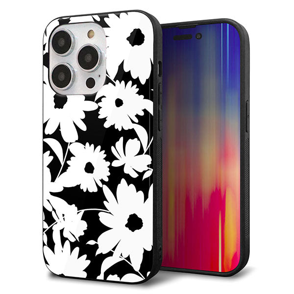 iPhone14 Pro 強化ガラス&TPUスマホケース ガラプリ【SC915 花柄モノトーン 04】