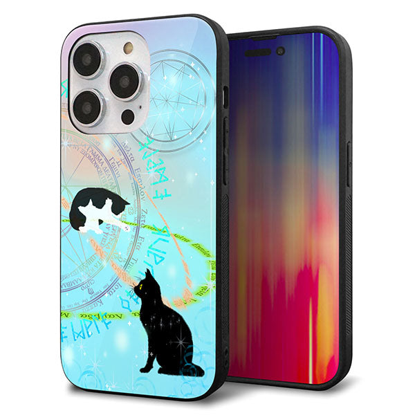 iPhone14 Pro 強化ガラス&TPUスマホケース ガラプリ【YJ329 魔法陣猫 キラキラ パステル】