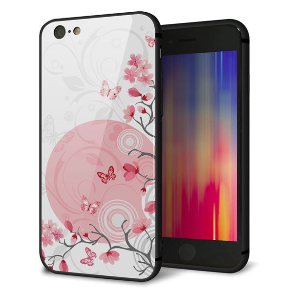 iPhone6 強化ガラス&TPUスマホケース ガラプリ【030 花と蝶(うす桃色)】