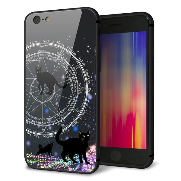 iPhone6 強化ガラス&TPUスマホケース ガラプリ【YJ330 魔法陣猫 キラキラ 黒猫】