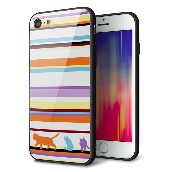 iPhone7 強化ガラス&TPUスマホケース ガラプリ【YA887 ストライプネコ01】