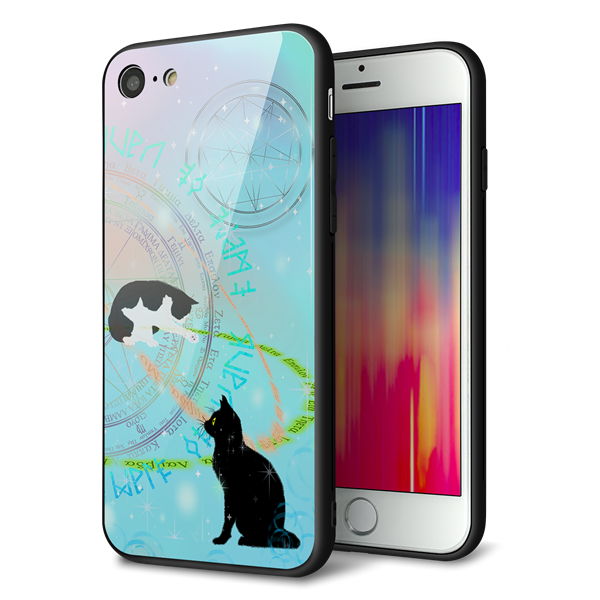 iPhone7 強化ガラス&TPUスマホケース ガラプリ【YJ329 魔法陣猫 キラキラ パステル】