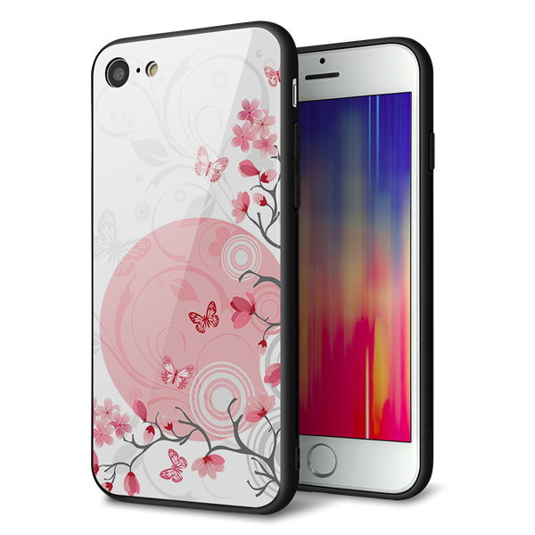 iPhone8 強化ガラス&TPUスマホケース ガラプリ【030 花と蝶(うす桃色)】