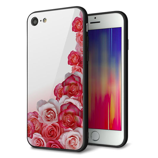 iPhone8 強化ガラス＆TPUスマホケース ガラプリ【299 薔薇の壁】
