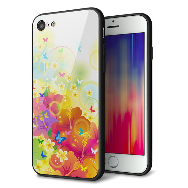 iPhone8 強化ガラス&TPUスマホケース ガラプリ【647 ハイビスカスと蝶】