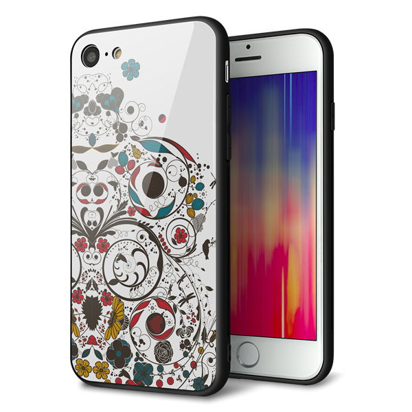 iPhone8 強化ガラス&TPUスマホケース ガラプリ【EK908 カラフルな花と鳥】