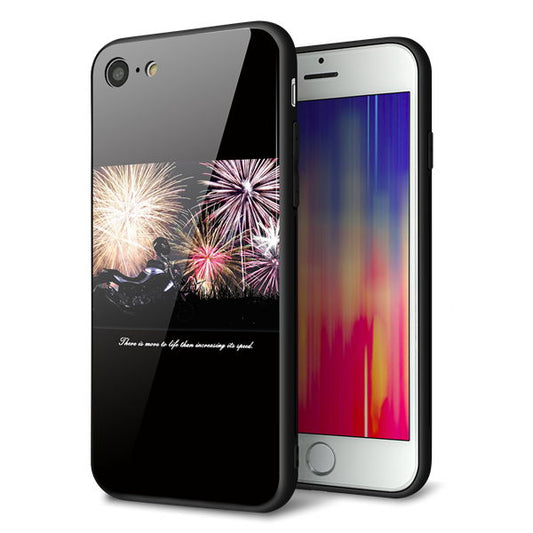 iPhone8 強化ガラス&TPUスマホケース ガラプリ【KM878 バイクと花火】
