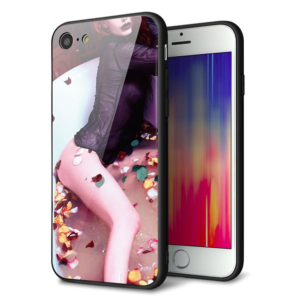 iPhone8 強化ガラス&TPUスマホケース ガラプリ【KM885 バラ風呂】
