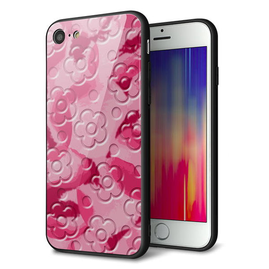 iPhone8 強化ガラス＆TPUスマホケース ガラプリ【SC847 フラワーヴェルニ花濃いピンク（ローズアンディアン）】