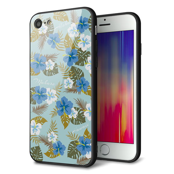 iPhone8 強化ガラス&TPUスマホケース ガラプリ【SC883 ハワイアンアロハレトロ(ブルー)】