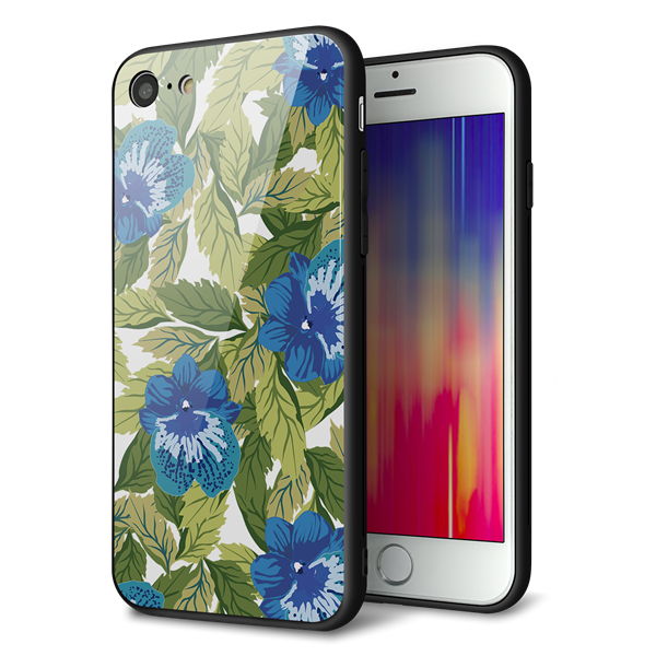 iPhone8 強化ガラス&TPUスマホケース ガラプリ【SC896 ボタニカル ブルー&リーフ】