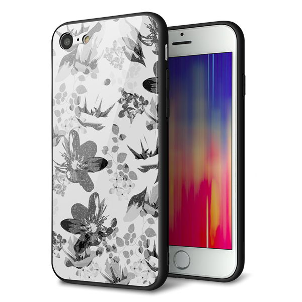 iPhone 8 強化ガラス&TPUスマホケース ガラプリ【SC914 花柄モノトーン 03】