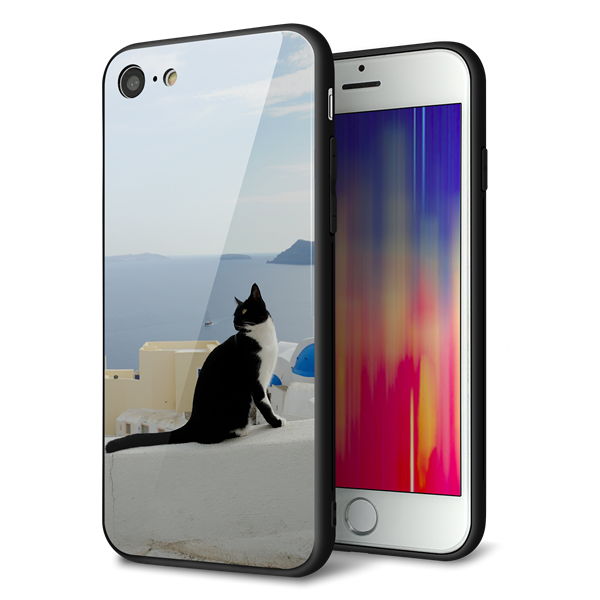iPhone 8 強化ガラス&TPUスマホケース ガラプリ【VA805 ネコと地中海】