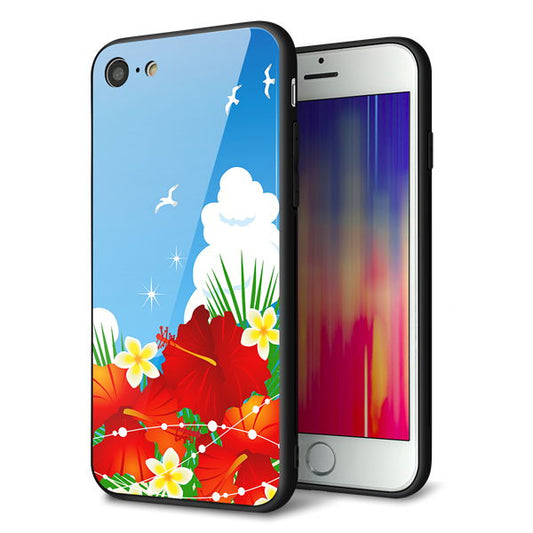 iPhone8 強化ガラス&TPUスマホケース ガラプリ【VA821 ハイビスカスと青空】