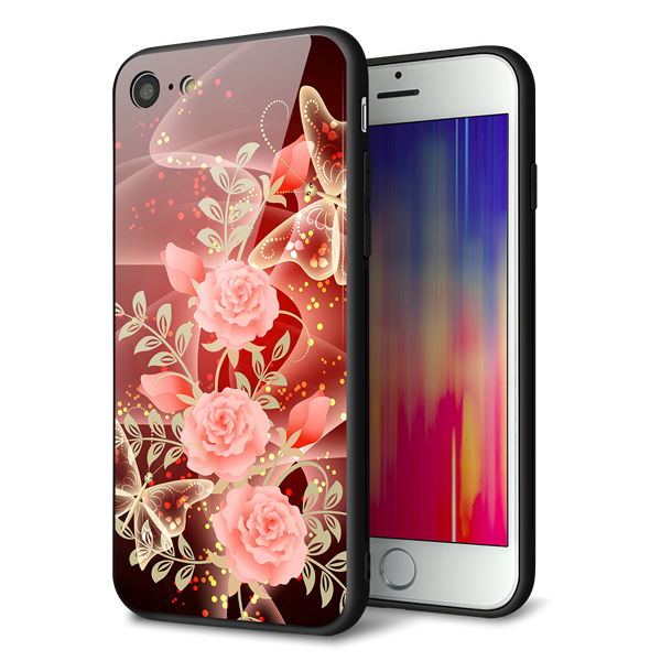 iPhone 8 強化ガラス&TPUスマホケース ガラプリ【VA824 魅惑の蝶とピンクのバラ】