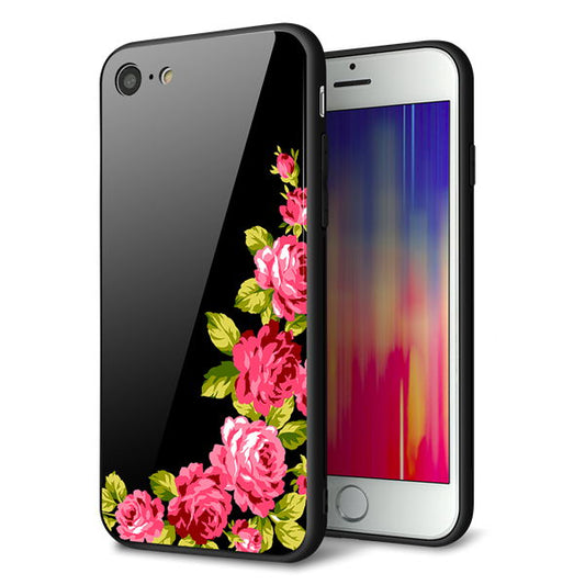 iPhone8 強化ガラス＆TPUスマホケース ガラプリ【VA826 バラのフレーム(黒)】