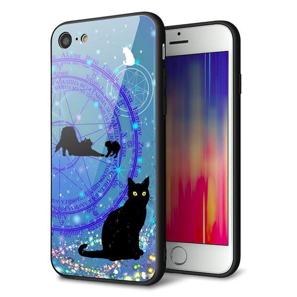 iPhone8 強化ガラス&TPUスマホケース ガラプリ【YJ327 魔法陣猫 キラキラ かわいい】