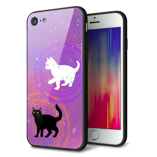 iPhone8 強化ガラス＆TPUスマホケース ガラプリ【YJ328 魔法陣猫 キラキラ　かわいい　ピンク】