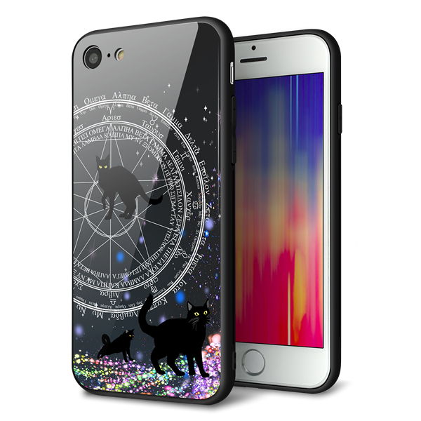 iPhone8 強化ガラス&TPUスマホケース ガラプリ【YJ330 魔法陣猫 キラキラ 黒猫】