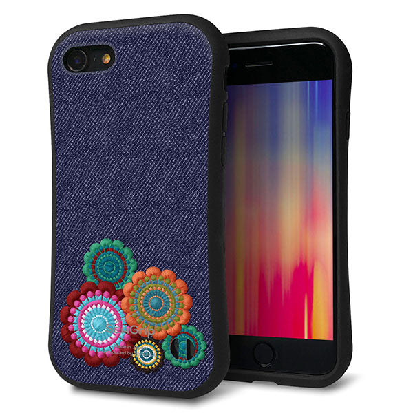 iPhone8 スマホケース 「SEA Grip」 グリップケース Sライン 【KM934 エスニックフラワー デニム】 UV印刷