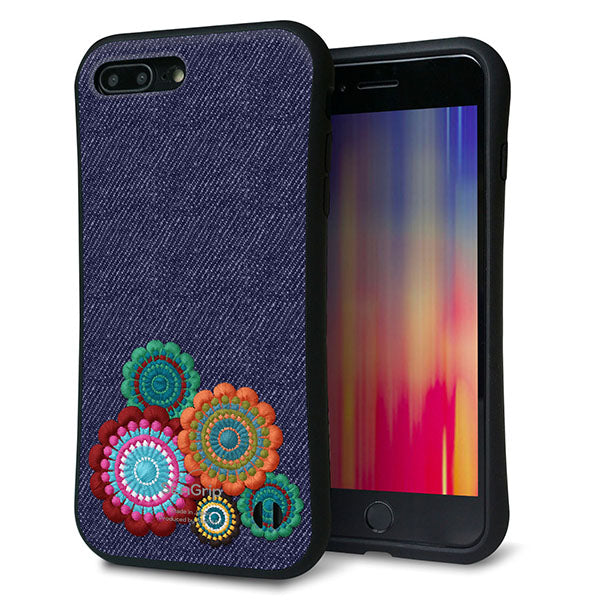 iPhone8 PLUS スマホケース 「SEA Grip」 グリップケース Sライン 【KM934 エスニックフラワー デニム】 UV印刷