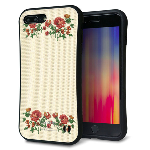 iPhone8 PLUS スマホケース 「SEA Grip」 グリップケース Sライン 【KM941 花刺繍風 レッドフラワー オフホワイト 】 UV印刷