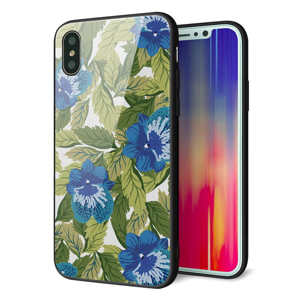 iPhone X 強化ガラス&TPUスマホケース ガラプリ【SC896 ボタニカル ブルー&リーフ】