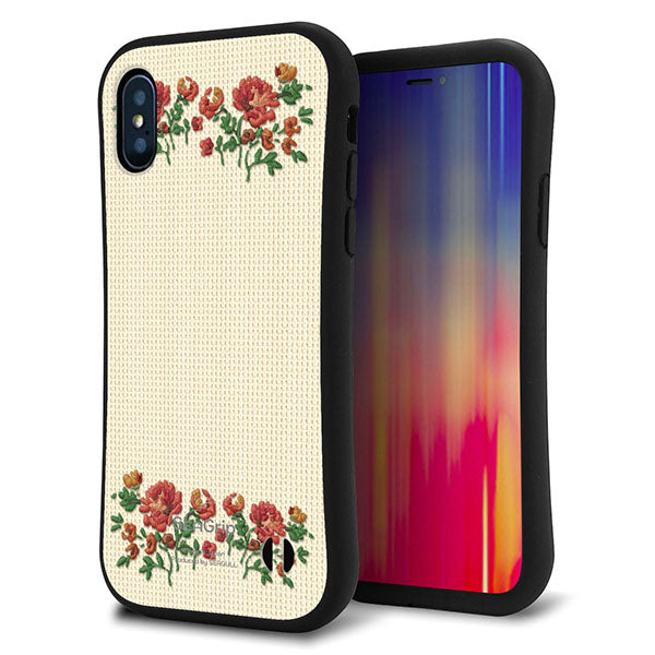 iPhone X スマホケース 「SEA Grip」 グリップケース Sライン 【KM941 花刺繍風 レッドフラワー オフホワイト 】 UV印刷