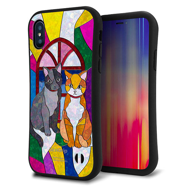 iPhone X スマホケース 「SEA Grip」 グリップケース Sライン 【MA995 ステンドグラス ネコ】 UV印刷