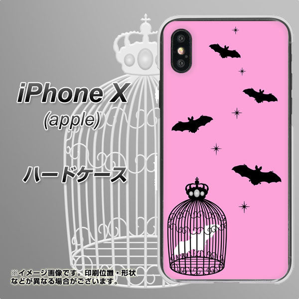 iPhone X 高画質仕上げ 背面印刷 ハードケース【AG808 こうもりの王冠鳥かご(ピンク×黒)】