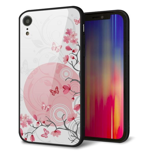 iPhone XR 強化ガラス&TPUスマホケース ガラプリ【030 花と蝶(うす桃色)】