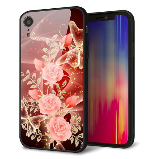 iPhone XR 強化ガラス＆TPUスマホケース ガラプリ【VA824 魅惑の蝶とピンクのバラ】