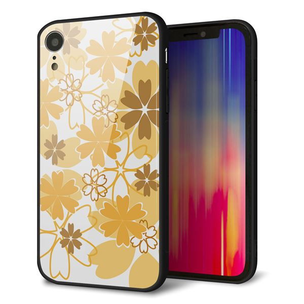 iPhone XR 強化ガラス&TPUスマホケース ガラプリ【VA959 重なり合う花 オレンジ】