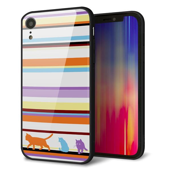 iPhone XR 強化ガラス&TPUスマホケース ガラプリ【YA887 ストライプネコ01】