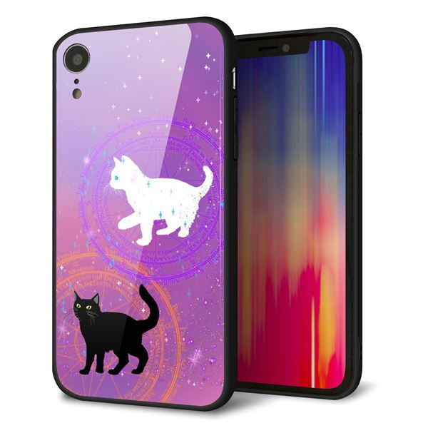 iPhone XR 強化ガラス&TPUスマホケース ガラプリ【YJ328 魔法陣猫 キラキラ かわいい ピンク】