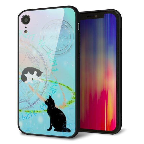 iPhone XR 強化ガラス&TPUスマホケース ガラプリ【YJ329 魔法陣猫 キラキラ パステル】