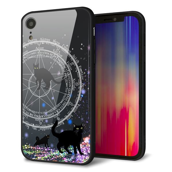 iPhone XR 強化ガラス&TPUスマホケース ガラプリ【YJ330 魔法陣猫 キラキラ 黒猫】