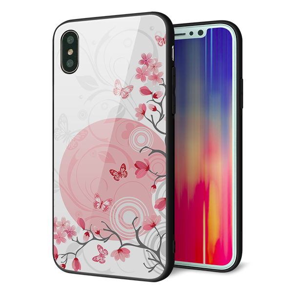 iPhone XS 強化ガラス&TPUスマホケース ガラプリ【030 花と蝶(うす桃色)】