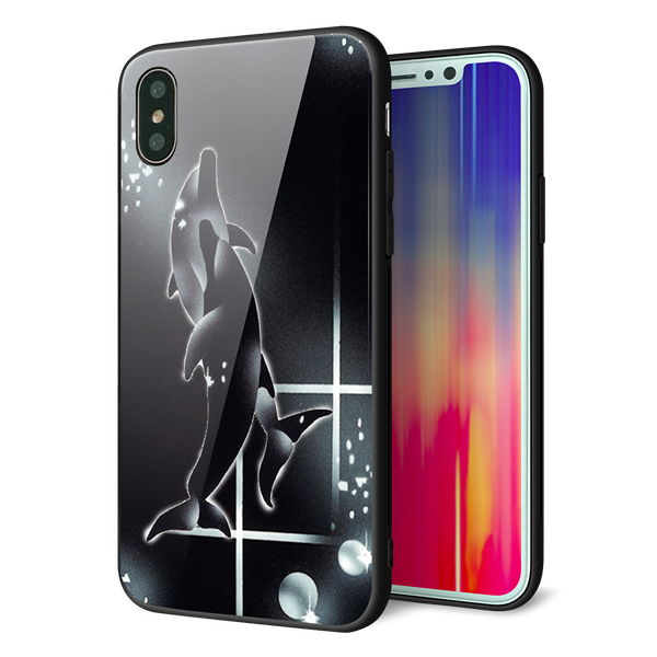 iPhone XS 強化ガラス&TPUスマホケース ガラプリ【158 ブラックドルフィン】