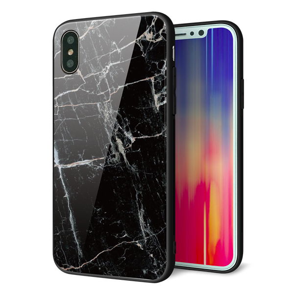 iPhone XS 強化ガラス&TPUスマホケース ガラプリ【KM867 大理石BK】