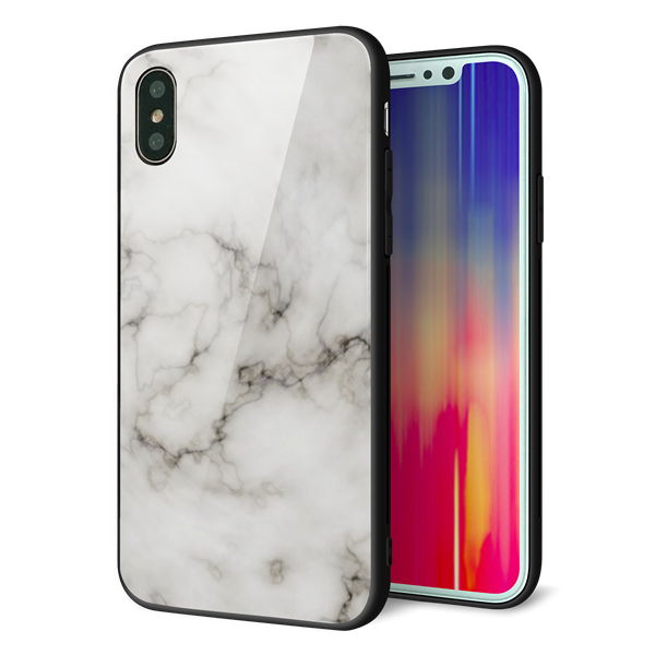 iPhone XS 強化ガラス&TPUスマホケース ガラプリ【KM871 大理石WH】