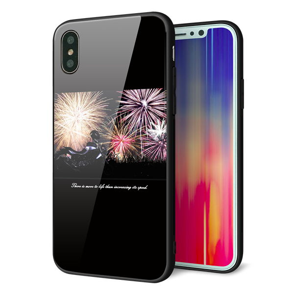 iPhone XS 強化ガラス&TPUスマホケース ガラプリ【KM878 バイクと花火】