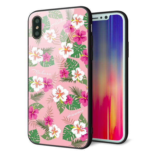 iPhone XS 強化ガラス&TPUスマホケース ガラプリ【SC882 ハワイアンアロハレトロ(ピンク)】