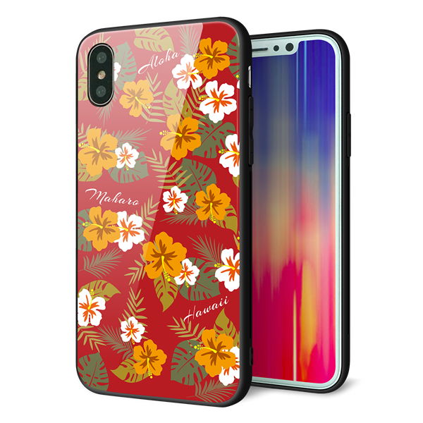iPhone XS 強化ガラス&TPUスマホケース ガラプリ【SC885 ハワイアンアロハレトロ(レッド)】