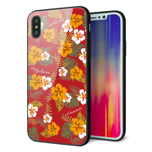 iPhone XS 強化ガラス&TPUスマホケース ガラプリ【SC885 ハワイアンアロハレトロ(レッド)】